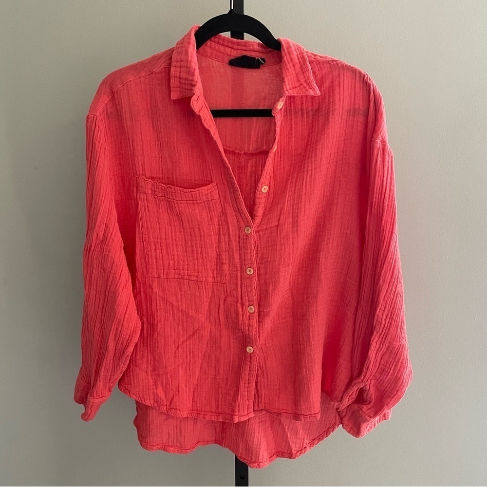 Urban Outfitters Out From Under Pink Gauzy Cotton Button Up Shirt Size Small